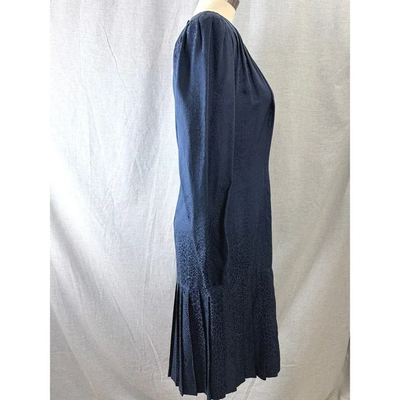 Argenti Vintage 80s Silk Leopard Jacquard Drop Waist Dress Navy 10 Dark Academia - Picture 7 of 8